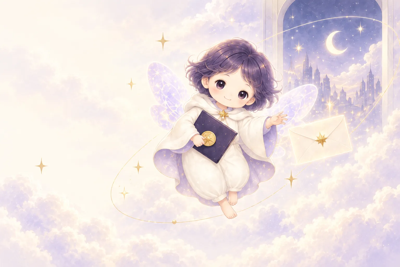月と雲の中で星のレターボックスを抱える、紫の髪の Hona